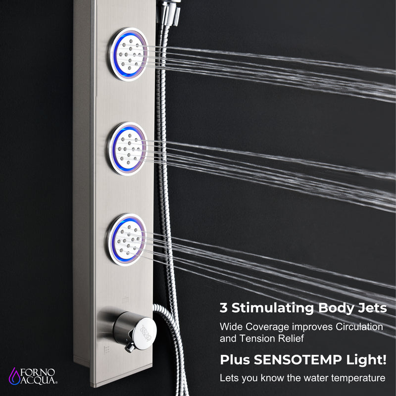 Forno Acqua Stainless Steel Shower Panel with 9" Rain Shower Head, 5-Function Handheld, SensoTEMP LED Body Jets, SL31BC-L8