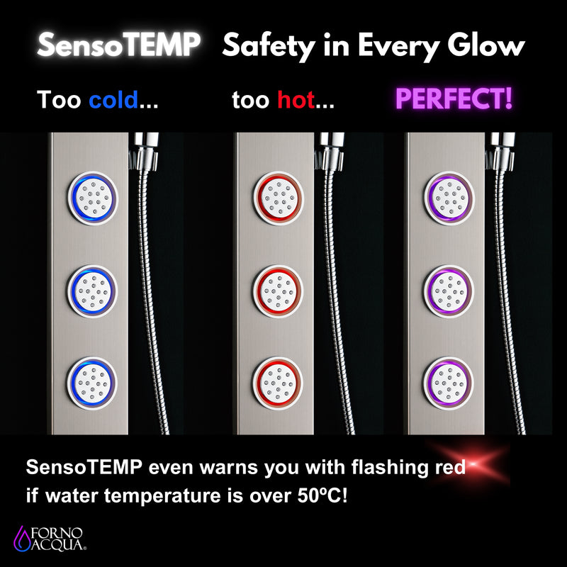 Forno Acqua Stainless Steel Shower Panel with 9" Rain Shower Head, 5-Function Handheld, SensoTEMP Body Jets, SL31BC-L2