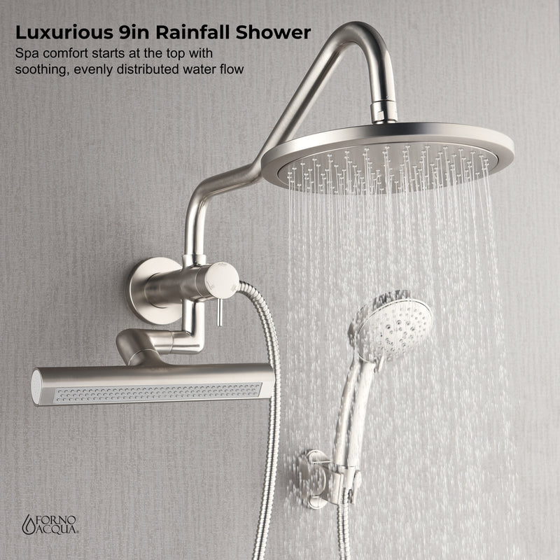 Forno Acqua Shower System in Brushed Nickel, 9" Rain Shower Head, 5-Function Handheld, 3-Function Body Jet, SMW1BN-C2