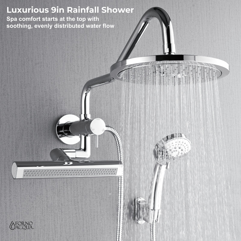 Forno Acqua Shower System with 9" Rain Shower Head, 5-Function Handheld, 3-Function AcquaFALL Body Jet in Polished Chrome, SMW1CP-C8
