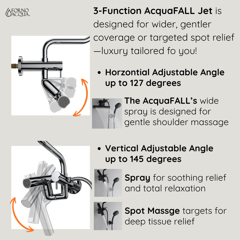 Forno Acqua AcquaFALL Mini 8 Inch Shower Head, Matte Black Finish, Overhead Rainfall Shower, Handheld Shower Head, Body Jets, 2.5 GPM Flow Rate