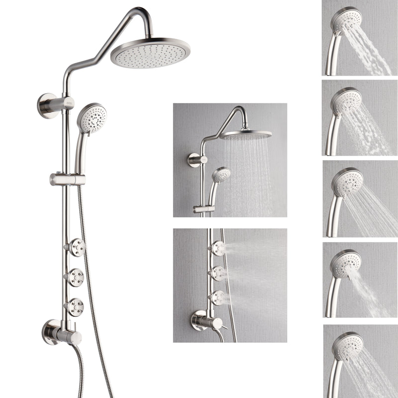 Forno AcquaSpa 9" Shower System in Brushed Nickel, 3 Body Jets, 5-Function Handheld, 6-Way Diverter, SC31BN-C2