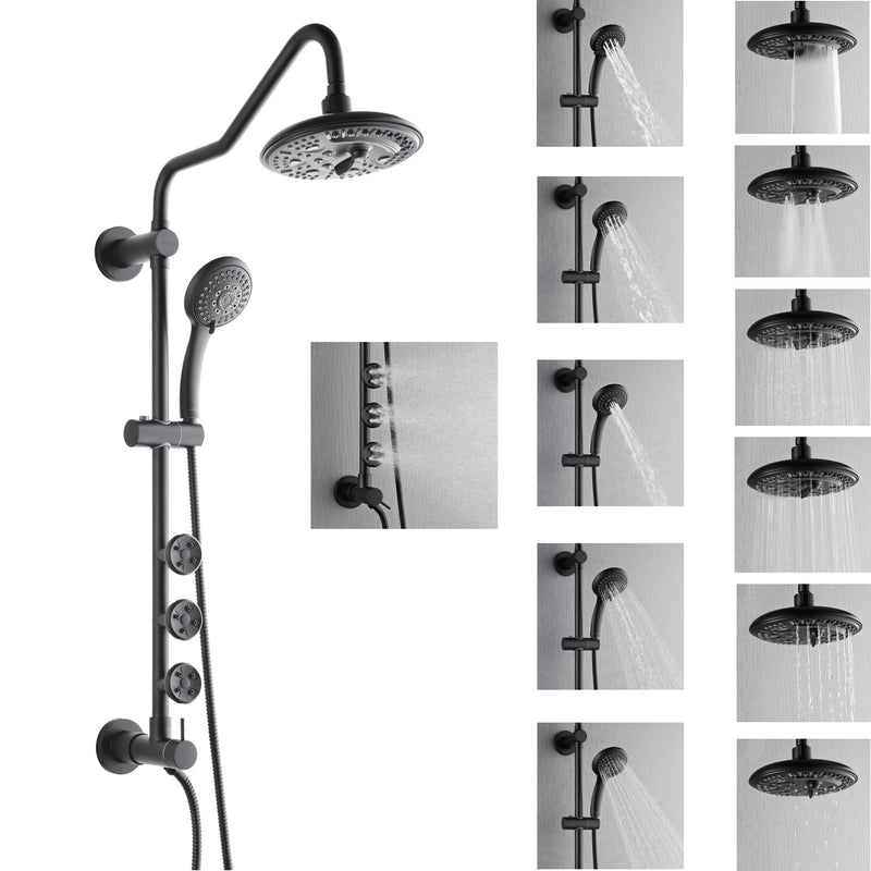 Forno Acqua 8" Retrofit Shower System in Matte Black, 6-Function Rain Shower Head, 3 Body Jets, 5-Function Handheld, SC32BK-C2