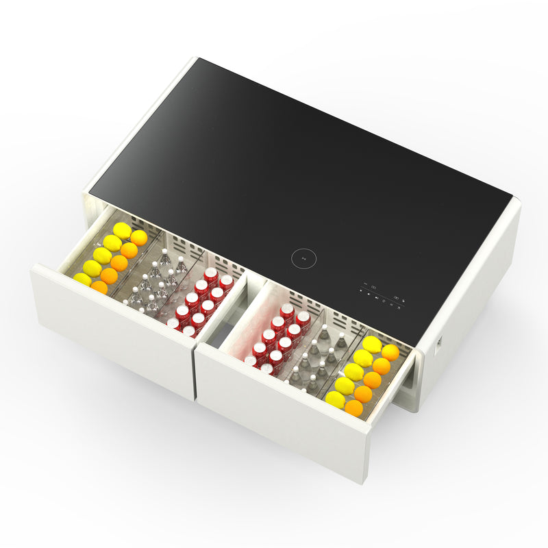 Forno Evoluto Tavolo 51" Smart Coffee Table in White, Dual Refrigerator Drawers, Bluetooth 5.0 Audio, Wireless Charging, FCTFR7006-51WHT