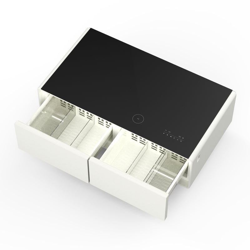 Forno Evoluto Tavolo 51" Smart Coffee Table in White, Dual Refrigerator Drawers, Bluetooth 5.0 Audio, Wireless Charging, FCTFR7006-51WHT