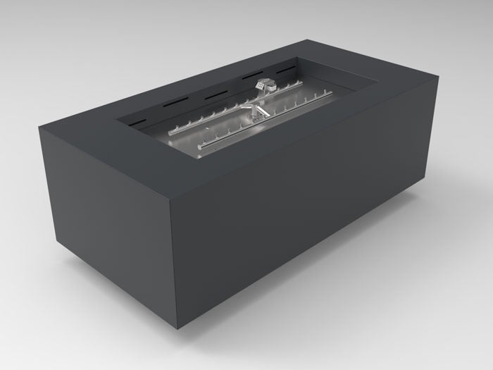 HPC Fire Inspired Assembled Metal Fire Pit Enclosures Tejas Match Lit LP Gas with sleek black metal rectangular design and match-lit ignition.