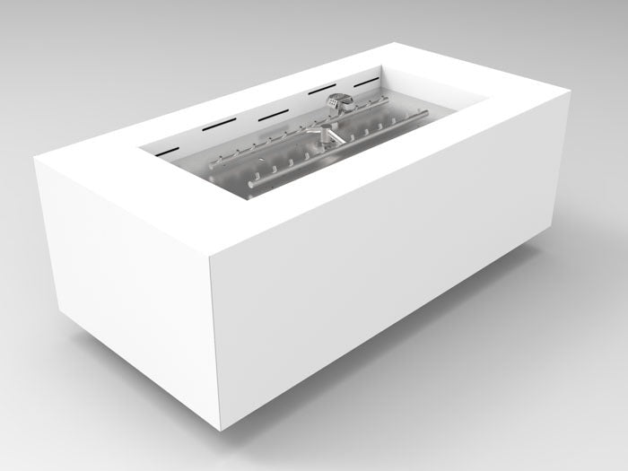 HPC Fire Inspired Assembled Metal Fire Pit Enclosures Tejas Match Lit LP Gas with sleek white metal housing and manual ignition system.