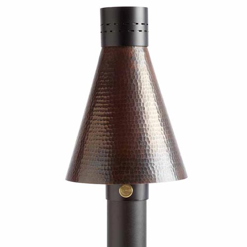 HPC Fire Inspired TK Torch Complete with 96" Post with hammered copper shade and black metal top for outdoor tiki flame ambiance.