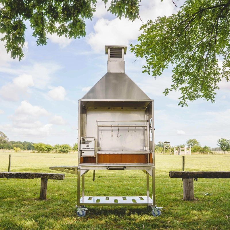 Tagwood BBQ Attachment Built-in Smoke Hood ASH25 in 304 stainless steel with a chimney and grill hooks for smoke ventilation.