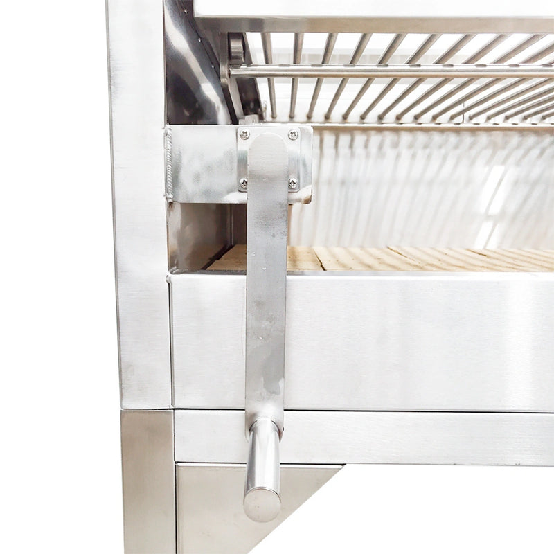 Tagwood BBQ Freestanding Argentine Santa Maria Wood Fire & Charcoal Grill with stainless steel build and height-adjustable grates handle close-up