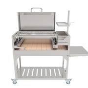 Tagwood BBQ Freestanding Argentine Santa Maria Grill BBQ01SS with stainless steel, adjustable grates, brasero firebox, and side shelf on wheels.