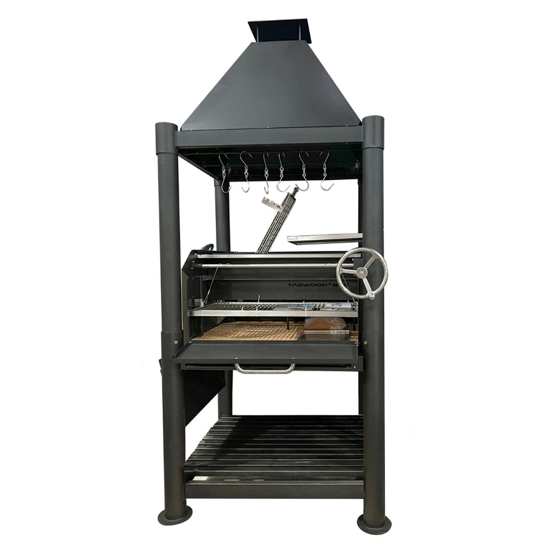 Tagwood BBQ The Beast Argentine Santa Maria Style black steel wood fire and charcoal grill with height-adjustable grates and brassero firebox
