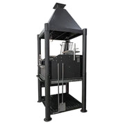 Tagwood BBQ The Beast Argentine Santa Maria Style black painted steel grill with peaked roof and height-adjustable grates