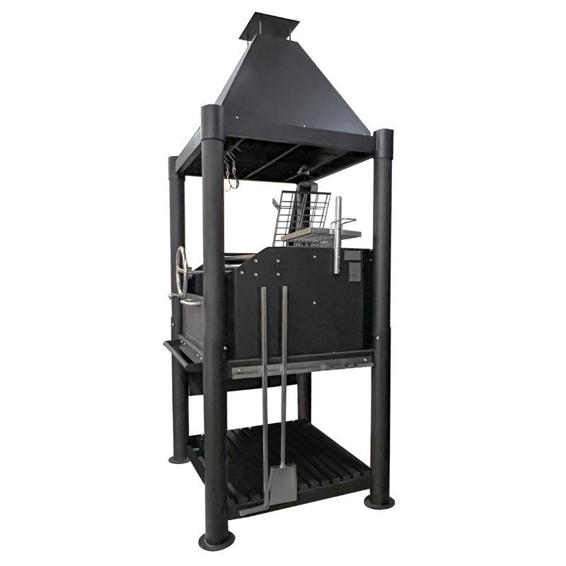 Tagwood BBQ The Beast Argentine Santa Maria Style black painted steel grill with peaked roof and height-adjustable grates