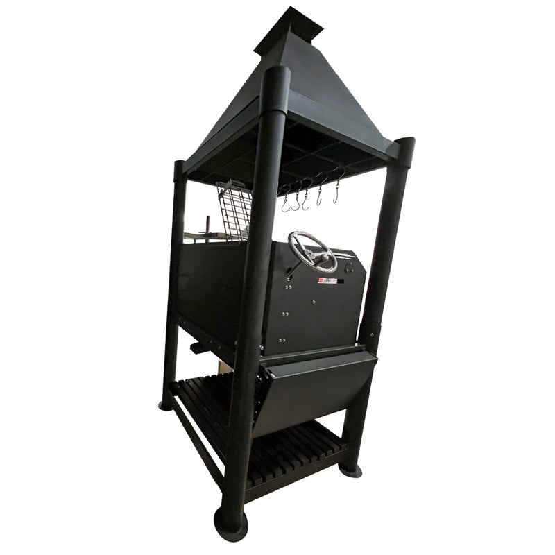 Tagwood BBQ The Beast Argentine Santa Maria Style black steel wood fire grill with peaked roof, adjustable grates, and brasero firebox.