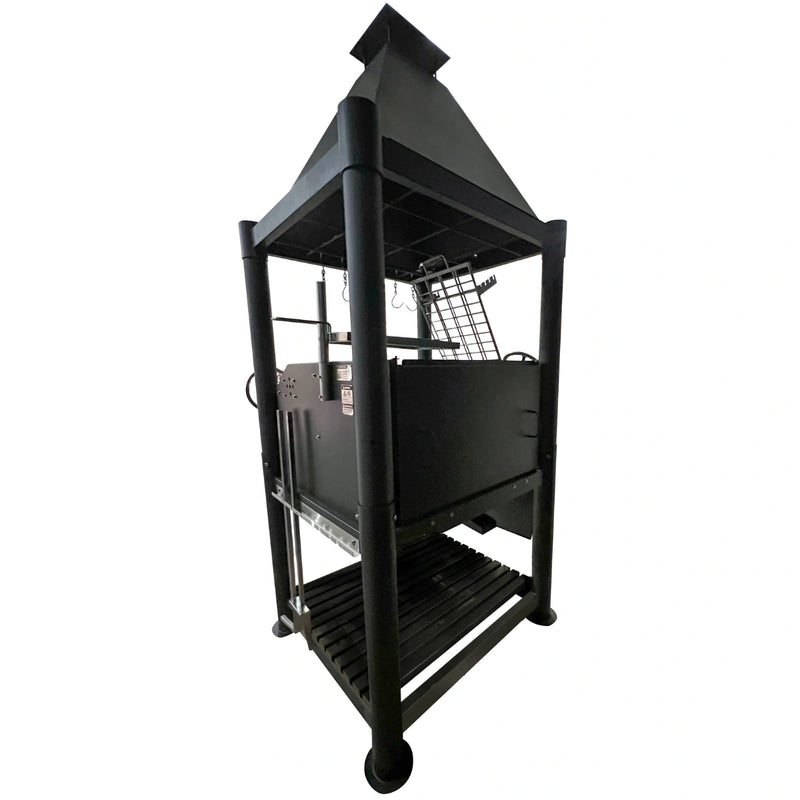 Tagwood BBQ The Beast Argentine Santa Maria Style black painted steel grill with peaked roof, height-adjustable grates, and firebox