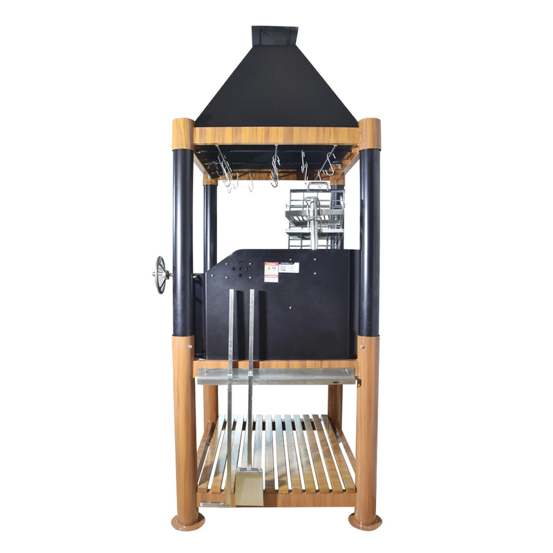 Tagwood BBQ The Beast Argentine Santa Maria Style grill with black painted steel, wood accents, height-adjustable grates, and brasero firebox.