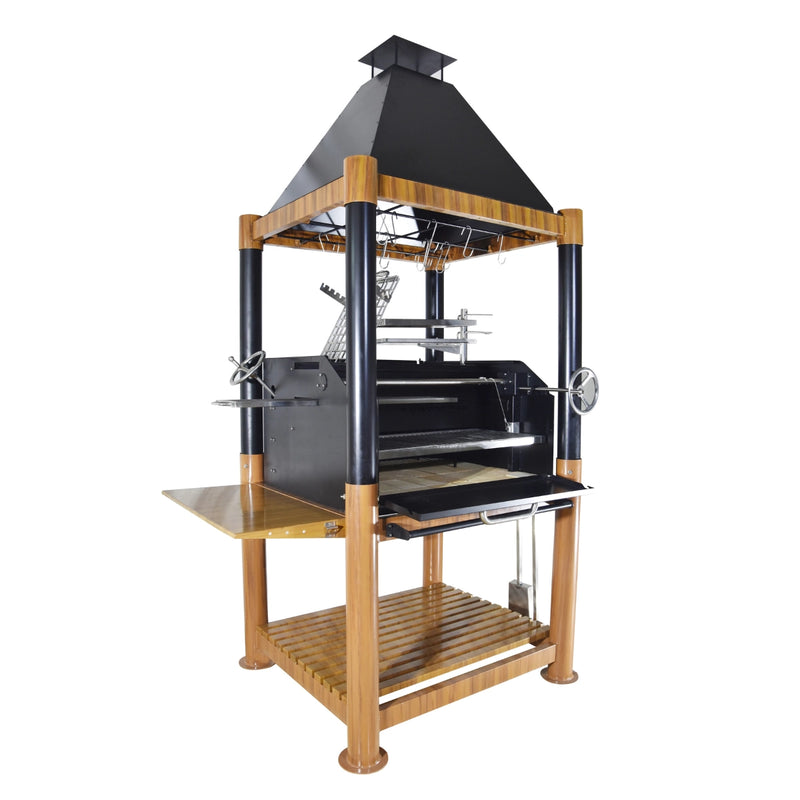 Tagwood BBQ The Beast Argentine Santa Maria grill with 1700 sq. in. cooking space, black steel, wood accents, and a peaked roof.