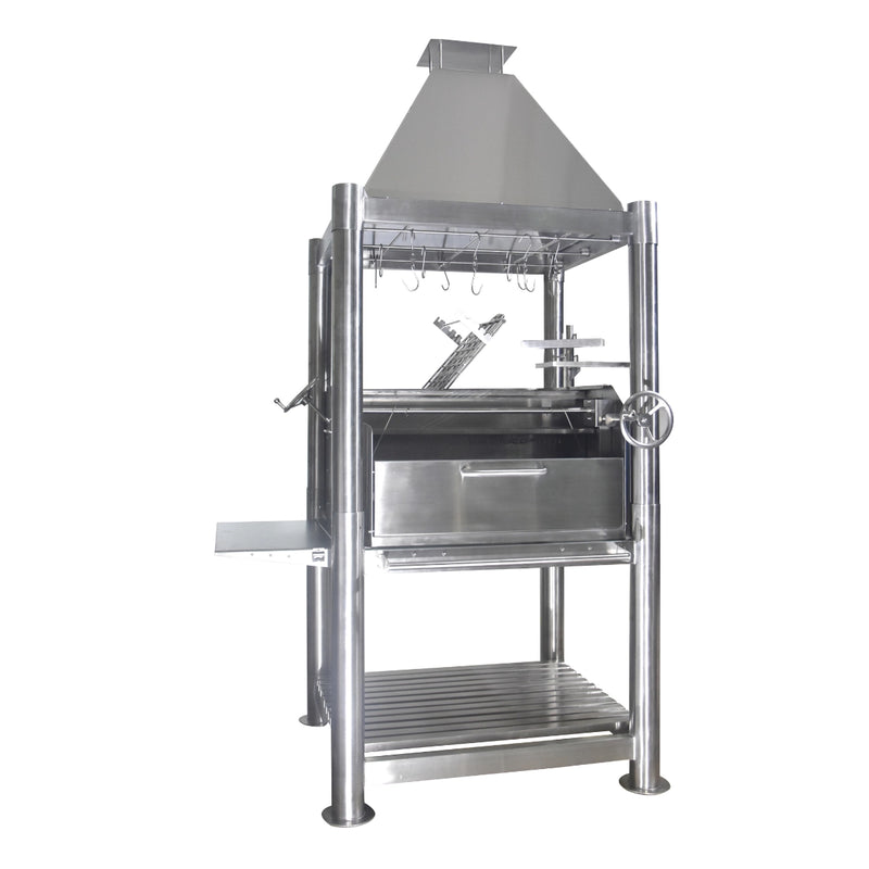 Tagwood BBQ The Beast Santa Maria Wood Fire & Charcoal Gaucho Grill stainless steel with adjustable grates, swivel grate, and peaked roof design.