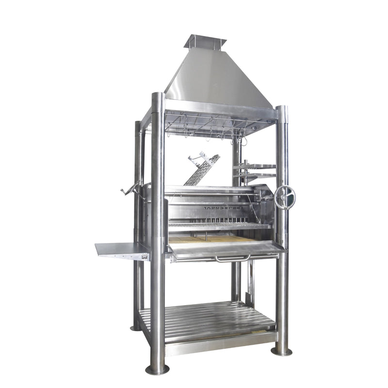 Tagwood BBQ The Beast Santa Maria wood fire and charcoal grill with stainless steel, peaked roof, and adjustable grates.