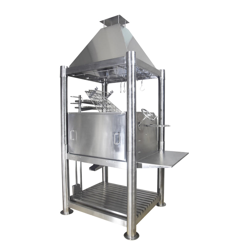 Tagwood BBQ The Beast Santa Maria wood fire and charcoal grill with 304 stainless steel, peaked roof, and swivel grate.