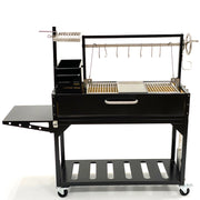 Tagwood BBQ Freestanding Argentine Santa Maria Grill BBQ03SI in black steel with height-adjustable grates, hooks, side shelf, and wheels
