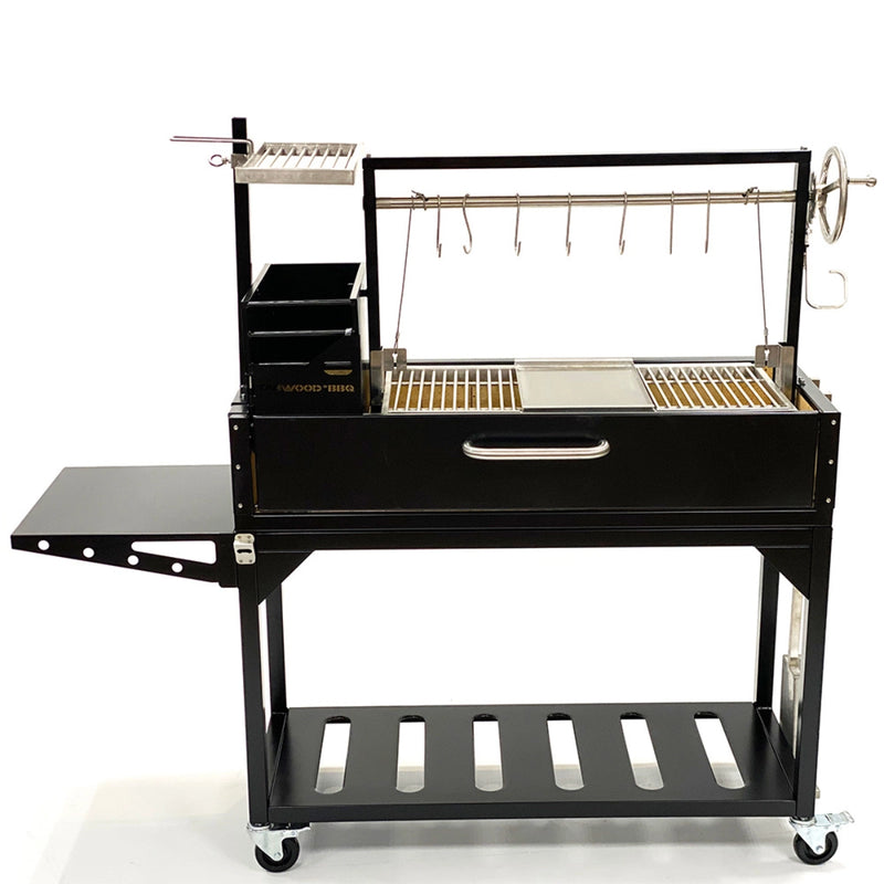 Tagwood BBQ Freestanding Argentine Santa Maria Grill BBQ03SI in black steel with height-adjustable grates, hooks, side shelf, and wheels