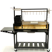 Tagwood BBQ Freestanding Argentine Santa Maria Grill BBQ03SI with black painted steel, charcoal box, hooks, side shelf, and large cooking space.
