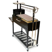 Tagwood BBQ Freestanding Argentine Santa Maria Grill with 714 sq. in. steel cooking space, adjustable grates, and peaked roof in black.