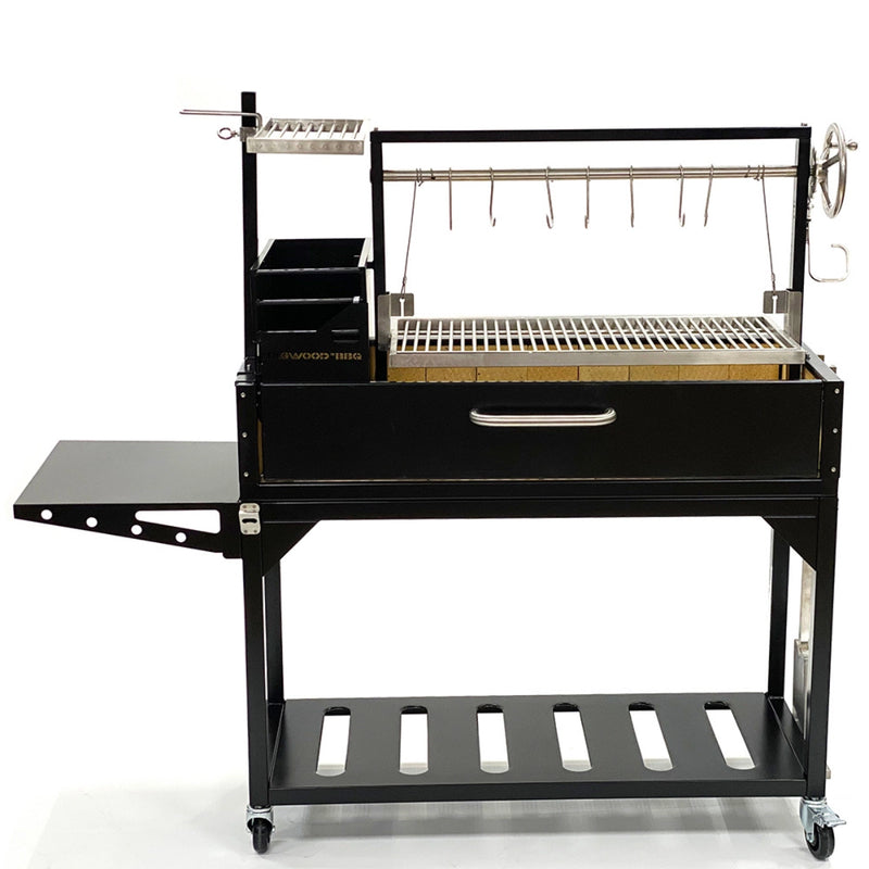 Tagwood BBQ Freestanding Argentine Santa Maria Grill BBQ03SI in black steel with adjustable grates, hooks, side shelf, and gaucho-style brasero firebox.