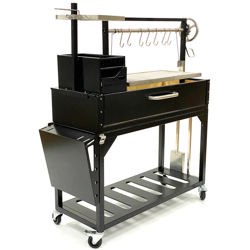Tagwood BBQ Freestanding Argentine Santa Maria Grill BBQ03SI with black painted steel, adjustable grates, brasero firebox, and wheels for mobility