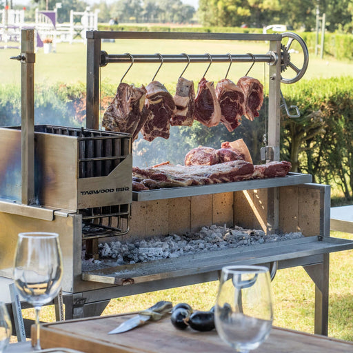 Tagwood BBQ Freestanding Argentine Santa Maria Grill with stainless steel, adjustable hanging grate, charcoal firebox, and large cooking space.