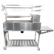 Tagwood BBQ Freestanding Argentine Santa Maria Grill in stainless steel with height-adjustable grates, side shelves, and a brasero firebox.
