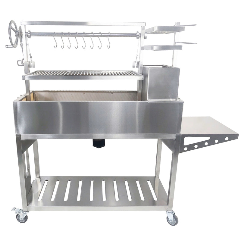 Tagwood BBQ Freestanding Argentine Santa Maria Grill in stainless steel with height-adjustable grates, side shelves, and a brasero firebox.