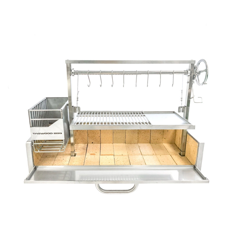Tagwood BBQ Built-In Santa Maria Argentine Wood Fire & Charcoal Grill with stainless steel frame, adjustable grates, and gaucho-style brasero firebox.