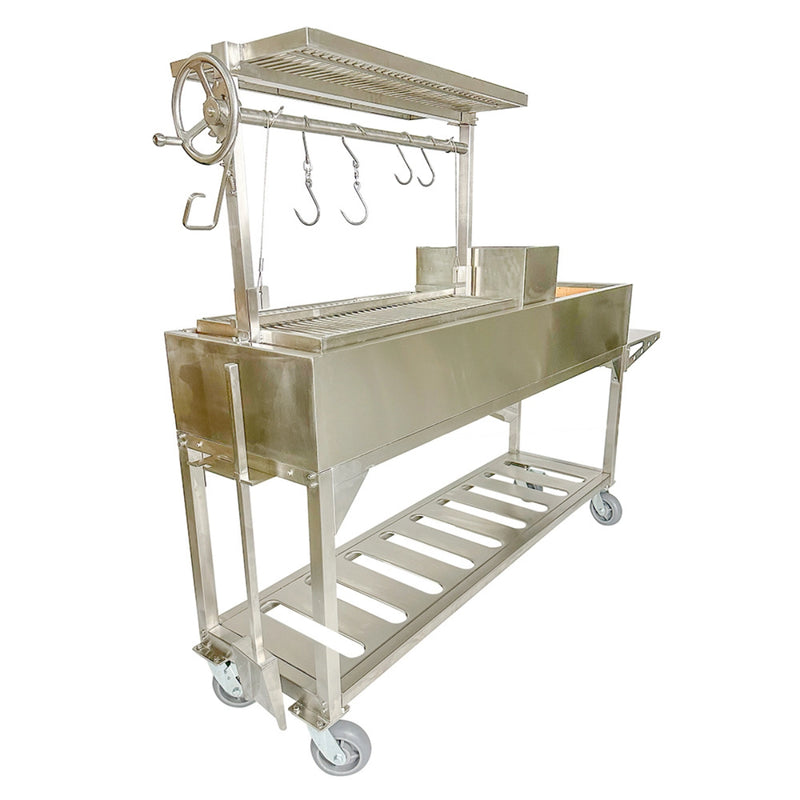 Tagwood BBQ Freestanding Argentine Santa Maria Grill in stainless steel with height-adjustable grates, hooks, and wheels for versatile outdoor cooking