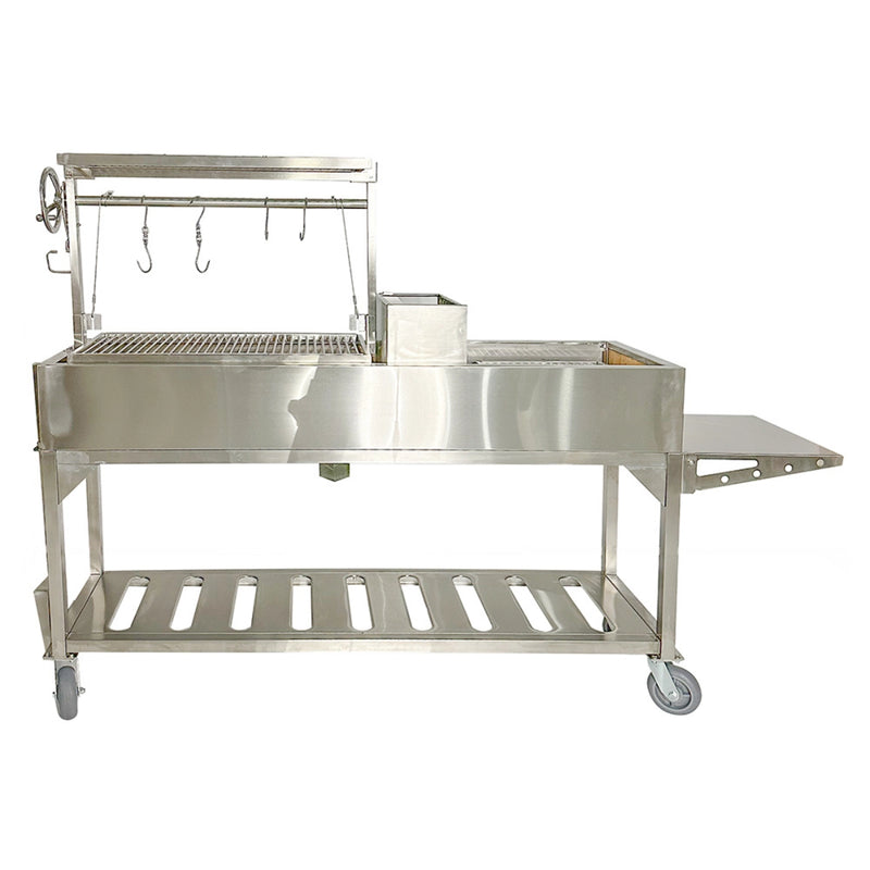 Tagwood BBQ Freestanding Argentine Santa Maria Grill BBQ06SS in stainless steel with height-adjustable grates, brasero firebox, and side shelf on wheels