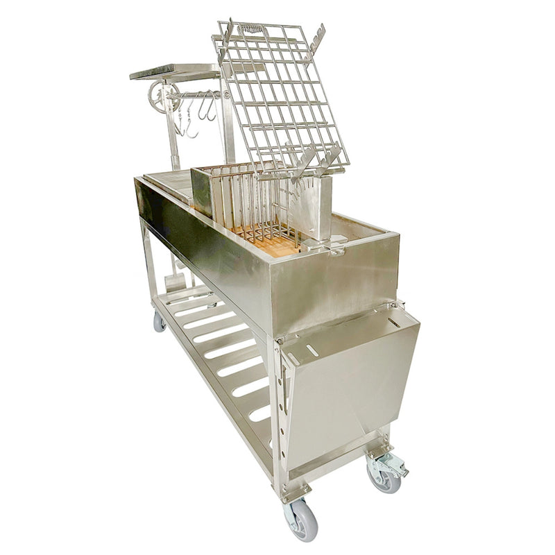 Tagwood BBQ Freestanding Argentine Santa Maria Grill BBQ06SS stainless steel with adjustable grates, brasero firebox, and side shelf on wheels.