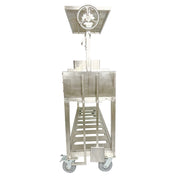 Tagwood BBQ Freestanding Argentine Santa Maria Grill in stainless steel with peaked roof, adjustable grates, brasero firebox, and caster wheels.