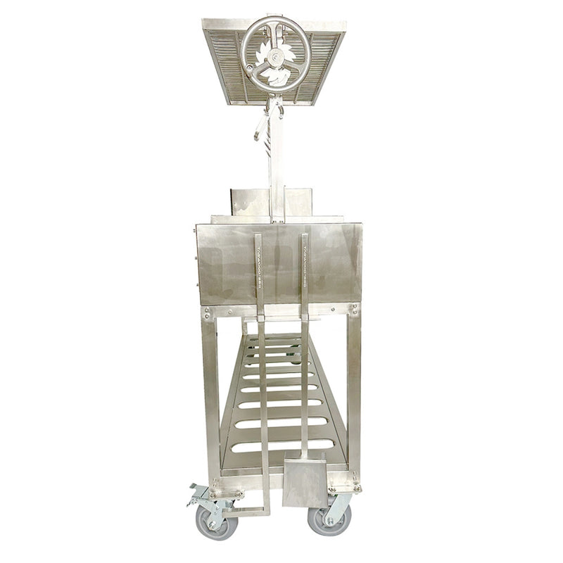 Tagwood BBQ Freestanding Argentine Santa Maria Grill in stainless steel with peaked roof, adjustable grates, brasero firebox, and caster wheels.