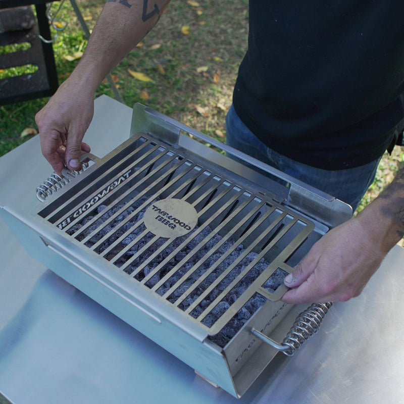 Tagwood BBQ Table Top Warming Brazier BBQ07SS in stainless steel with handles, skewers, and rust-resistant heavy-duty design.