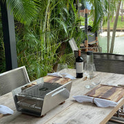 Tagwood BBQ Table Top Warming Brazier BBQ07SS in stainless steel with skewers, heavy-duty rust-resistant design, perfect for outdoor tables.