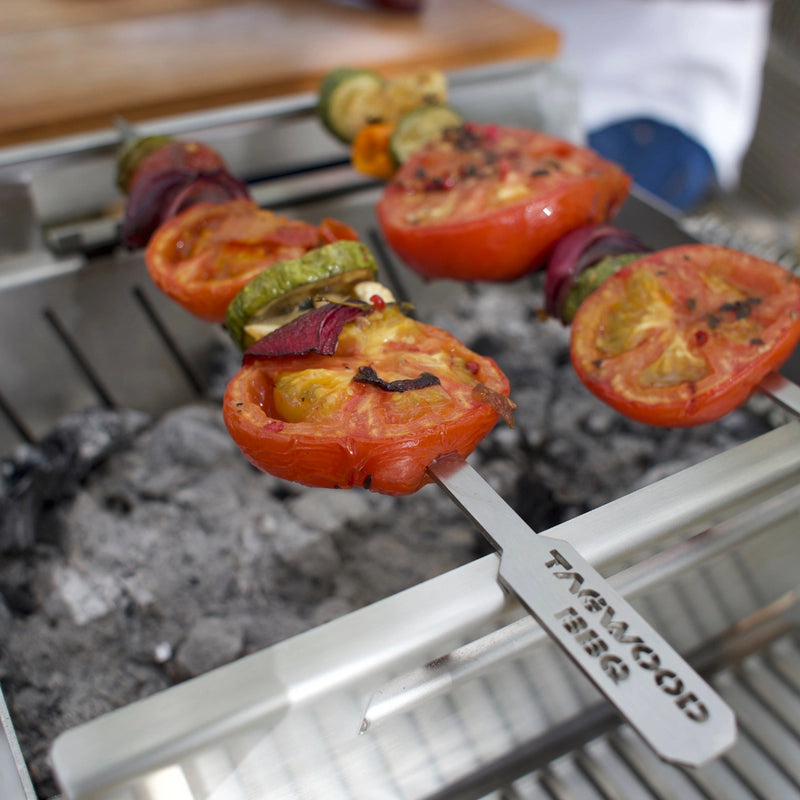 Tagwood BBQ Table Top Warming Brazier BBQ07SS stainless steel brazier with skewers warming grilled vegetables on charcoal grill