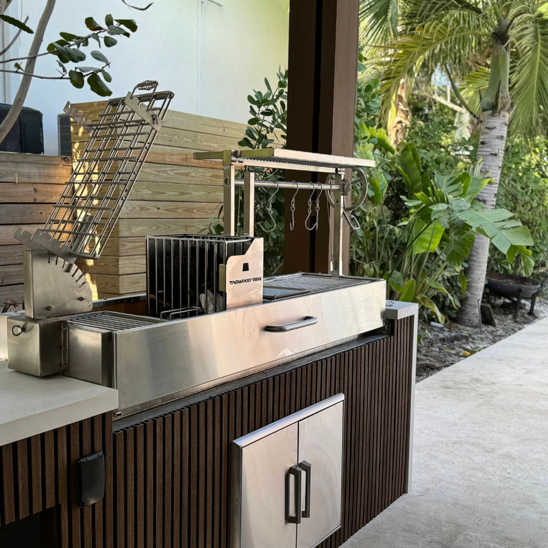 Tagwood BBQ Built-In Santa Maria Argentine Wood Fire & Charcoal Gaucho Grill - BBQ08SS with stainless steel, adjustable grates, and brasero firebox in outdoor kitchen