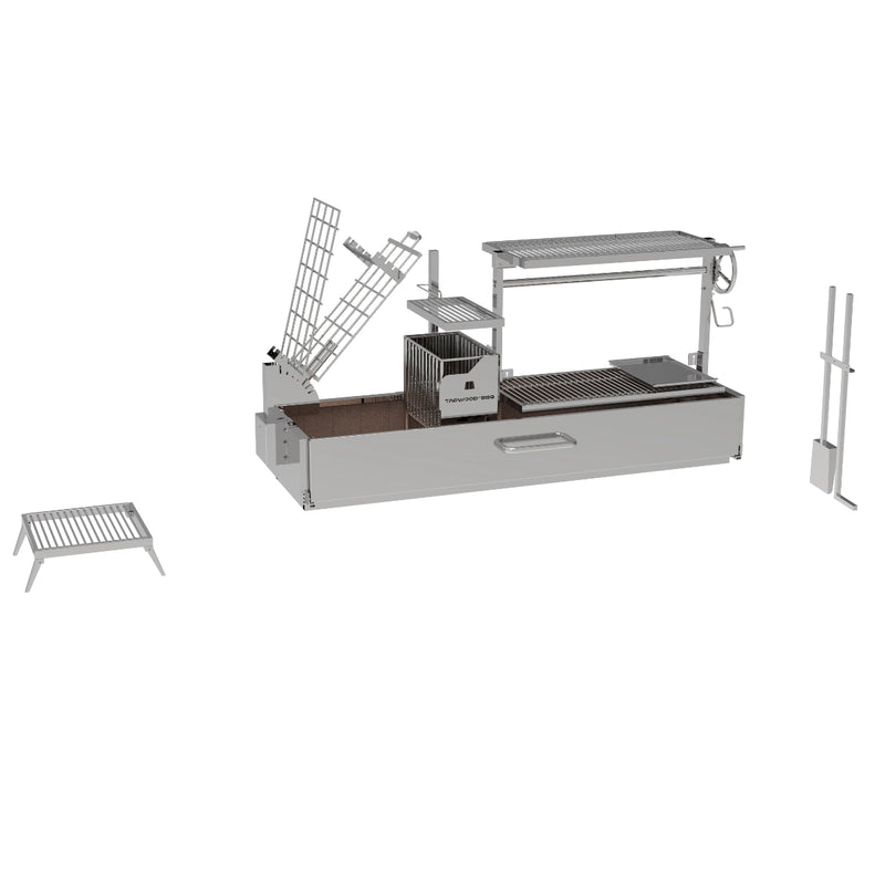 Tagwood BBQ Built-In Santa Maria Argentine Wood Fire & Charcoal Gaucho Grill with stainless steel, adjustable grates, and brasero firebox.