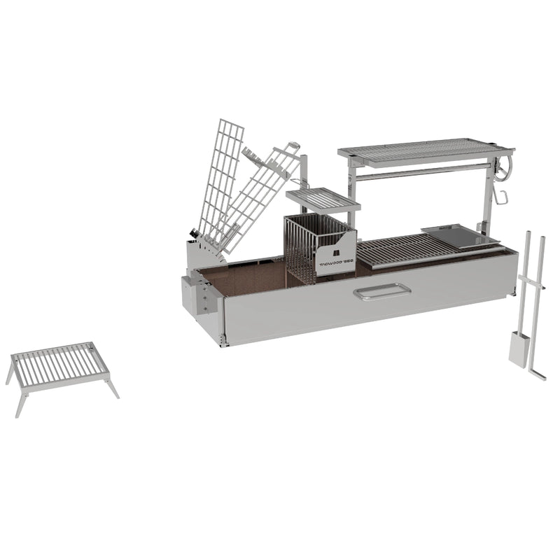 Tagwood BBQ Built-In Santa Maria Argentine wood fire & charcoal grill with stainless steel, height-adjustable grates, and brasero firebox.