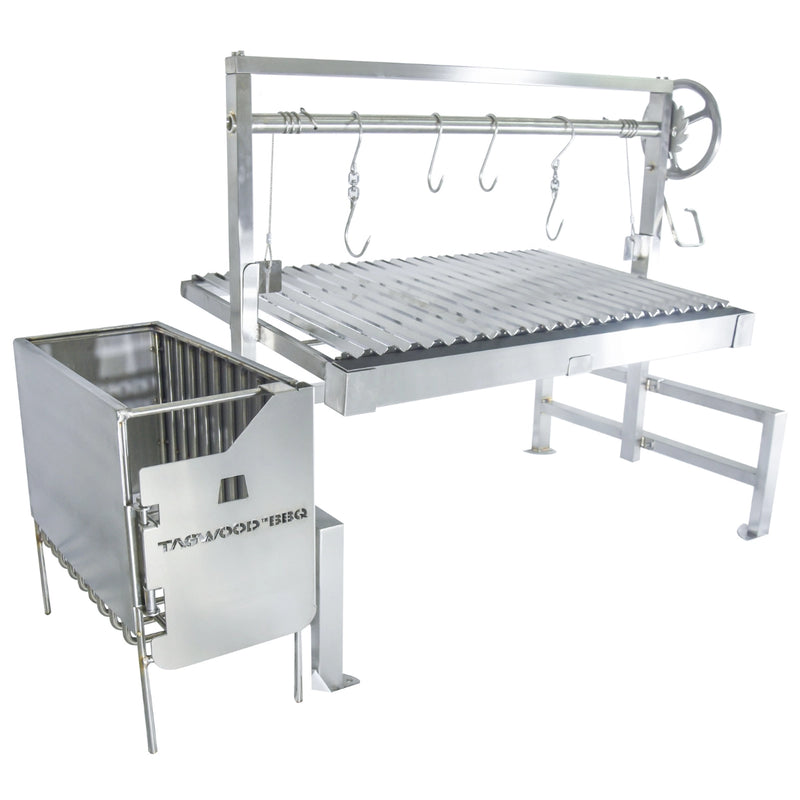 Tagwood BBQ Insert Style Argentine Santa Maria Grill with stainless steel, height-adjustable grates, and gaucho-style firebox for wood and charcoal.