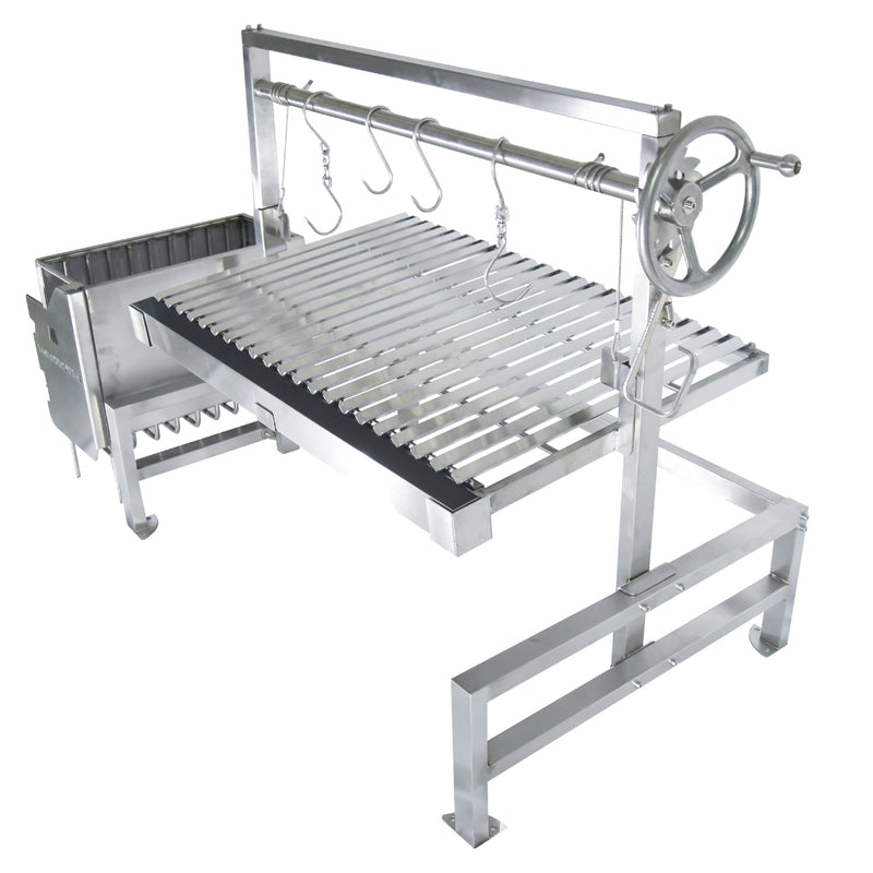 Tagwood BBQ Insert Style Argentine Santa Maria Wood Fire & Charcoal Gaucho Grill with stainless steel construction and adjustable cooking grates.