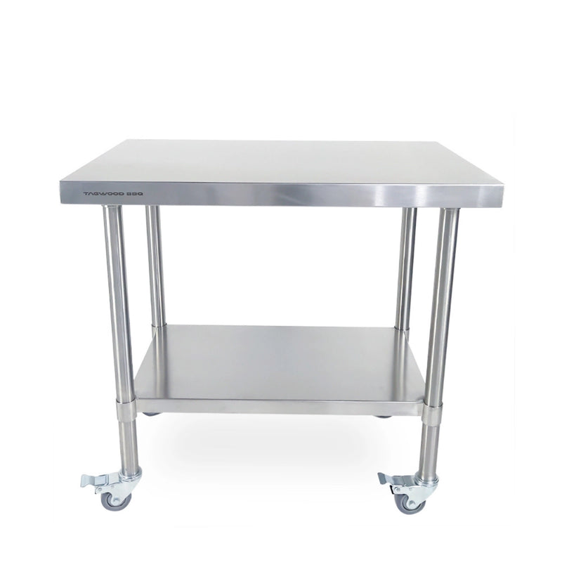 Tagwood BBQ Working Table - BBQ10SS stainless steel prep table with lower shelf and caster wheels for sturdy outdoor grilling setup