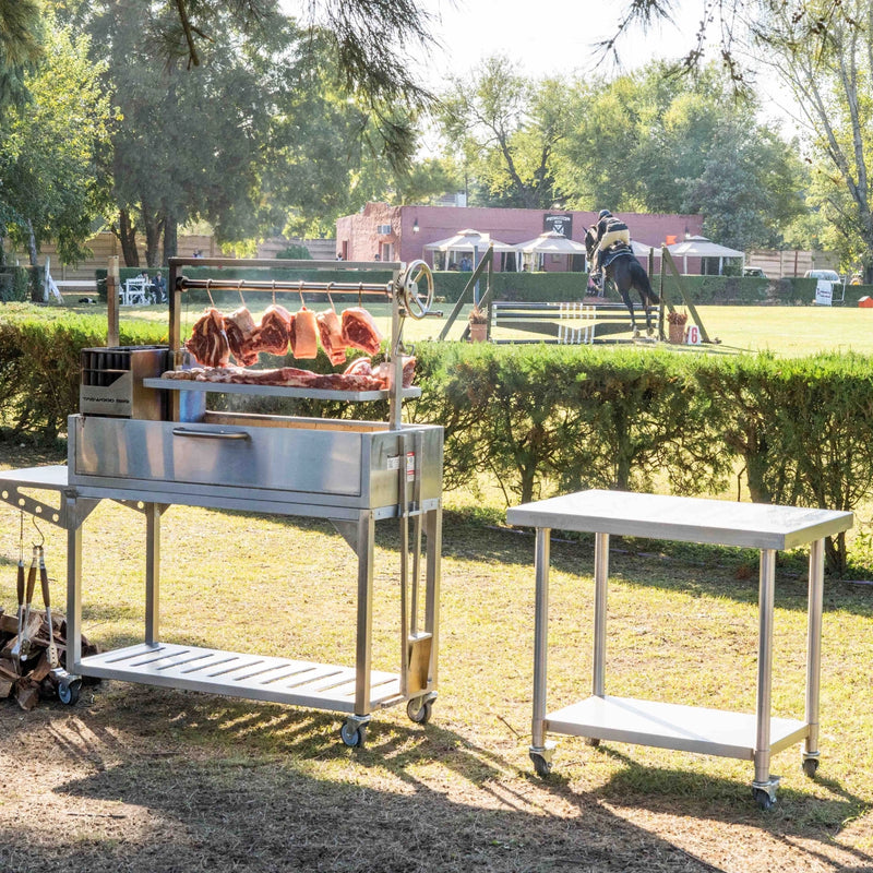 Tagwood BBQ Working Table - BBQ10SS stainless steel prep table with lower shelf and compact, portable design for outdoor grilling.